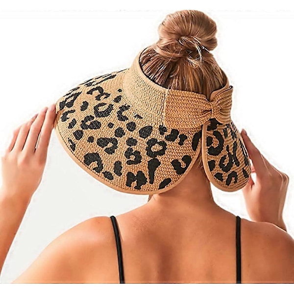 Solskydd för kvinnor med bred brätte, hopfällbar, packbar, med hästsvanshål, strandhatt, halm, leopardmönster, rullbar, med rosett