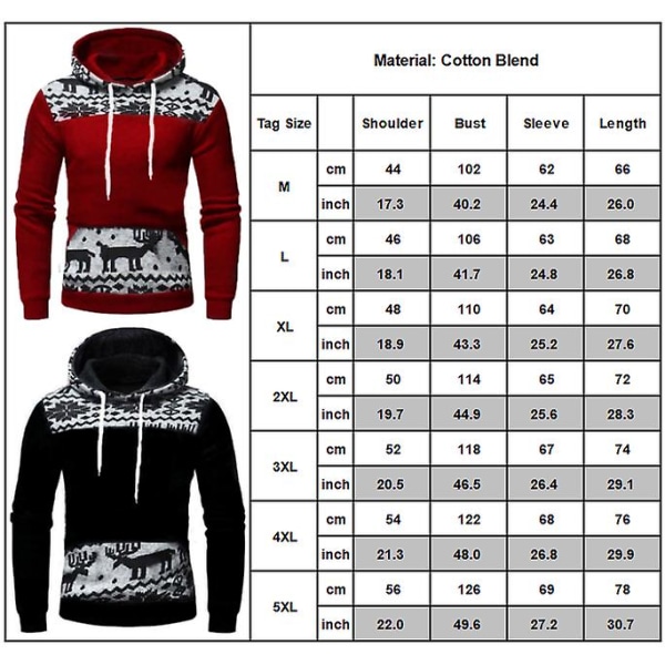 Herre Christams trykt hettegenser gensere Pullover Langermet hette Xmas Activewear topper Red L