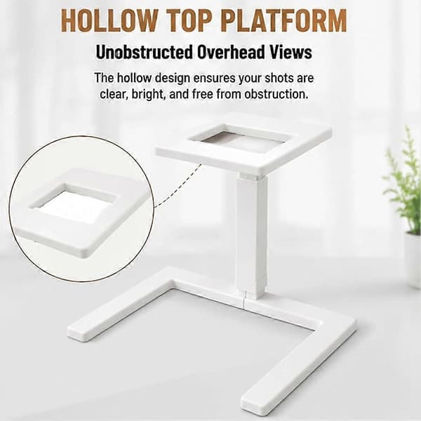 Overhead telefonstativ for flatfotografering, skrivebordsmontering med U-formet åpen base og hul topplate, hvit White