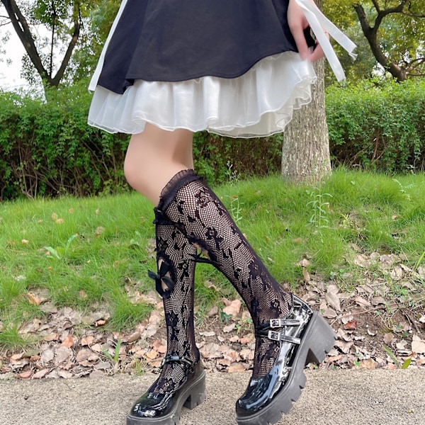Maid Søde Blonder Lolita Strømper Rør Lange Strømper Bunke Bunke Strømper Sød Kvinder Pige Strømper Knæhøje Nylon Elastisk Hul Ud Bue Mesh Net Strømper Kvinde C
