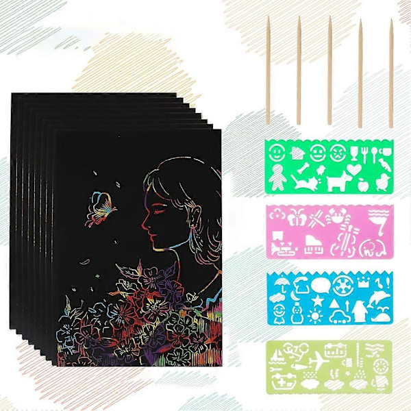Scratch Paper Art Set, Svart Hantverkssats för Favoriter DIY Målningslekar Födelsedag Jul Leksaker Presenter
