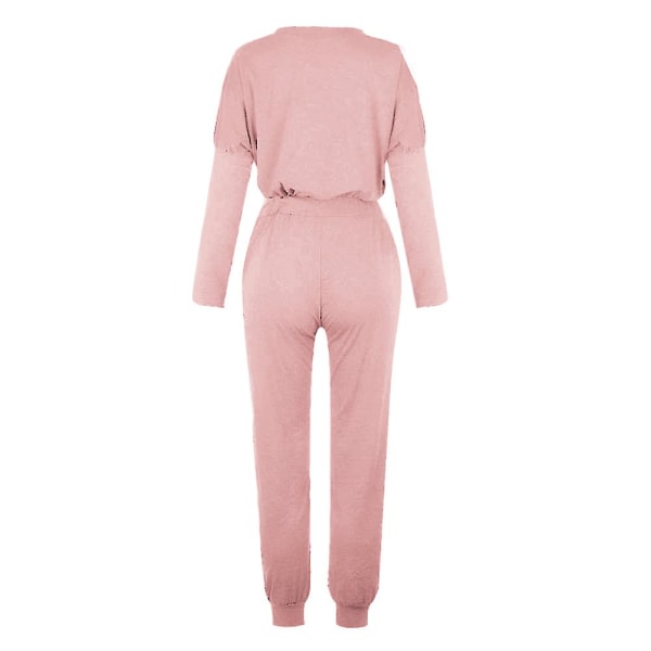 Kvinder Casual Ensfarvet outfits T-shirt toppe + snøre Elastisk talje Jogging joggingbukser Bukser Loungewear Sæt pink M