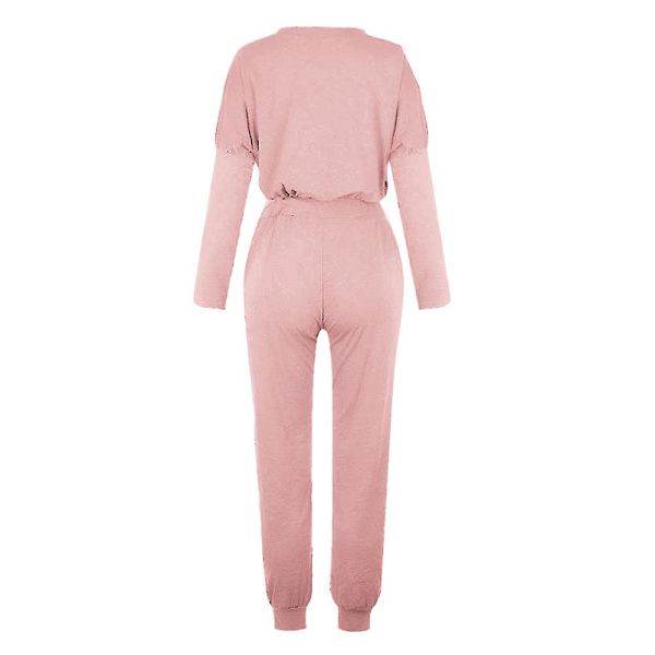 Kvinder Casual Ensfarvet outfits T-shirt toppe + snøre Elastisk talje Jogging joggingbukser Bukser Loungewear Sæt pink M