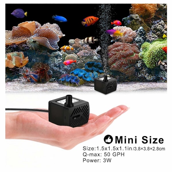 50GPH 3W Mini Nedsenkbar Vannpumpe For Akvarier, Fisketank, Dam, Fontene, Hydroponikk