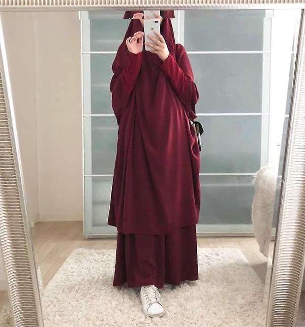 Uae Saudi Solid Robe Klänning Huvförsedd Kostym Etniska Kläder wine red