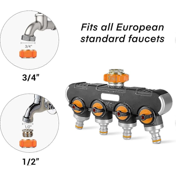 4-vejs vandfordeler, 3/4\" og 1/2\" vandfordeler med adapter til haveslangehane og vandtimer, vandstrøm justerbar og låsbar til G