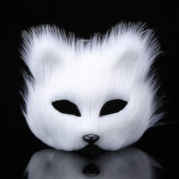 Furry Fox Mask Halloween Cosplay Kostym Halv Ansiktsslöja Glasögon Fancy Dress Ögonmask Halloween Party Makeup Rekvisita Dräkt Accessoar Djurfest Katt Ma White