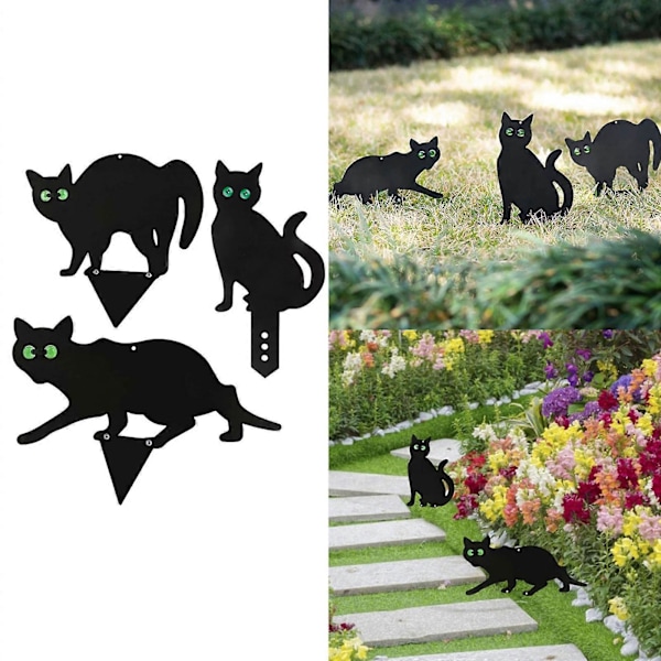 Dekorative sorte metalkatte til udendørs have og gårdhave jernstatue med reflekterende øjne med pæle til gården