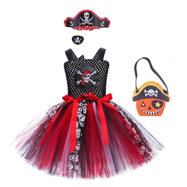 Kid Jenter Halloween Pirate Captain Cosplay Festkostymekjole+øyelapp+lue+skulderveskesett Gaver 8-9 Years