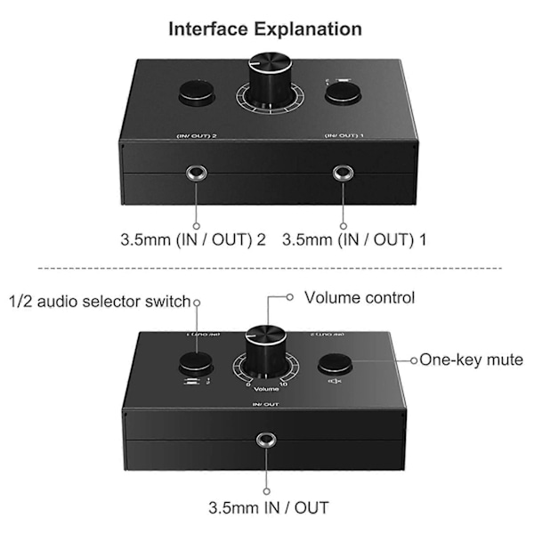 2 stk. 3,5 mm Audio Switch, 2 Input 1 Output/1 Input 2 Output Audio Splitter Switch, Audio Switch