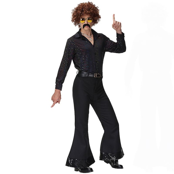 Flerfarvet par 60'er 70'er Hippy Disco kostume Retro Rockabilly skinnende skjorte Cosplay Carnival Halloween Fancy festkjole E2 M