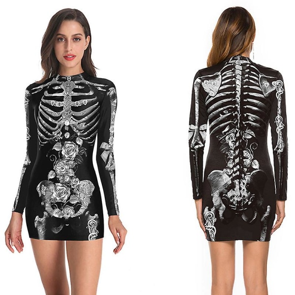 Kvinders Halloween-kostume Skeletkjole Langærmede Stretchy Kort Mini Kjole style 2 XL