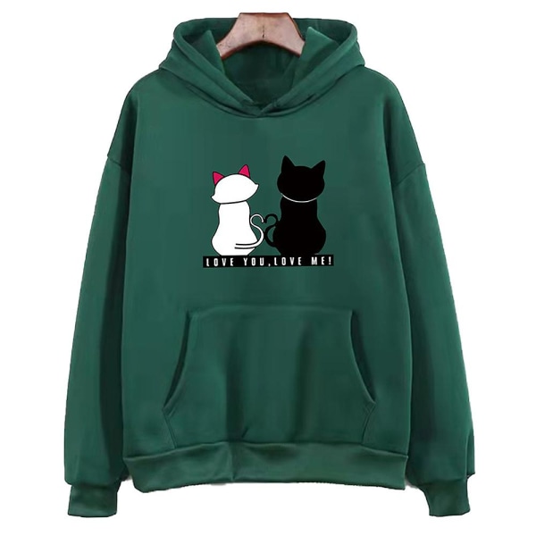 Langermet genser med kattetrykk for kvinner Uformell løs snøring Hettegensere Hettegenser Topper Dark Green 2XL