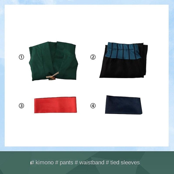 Japansk Anime Roronoa Zoro Cosplay-kostyme Halloween-kåpe Fullt sett Tørkle Parykk Frakk Bukser Ermer Belte Grønn Kimono XL