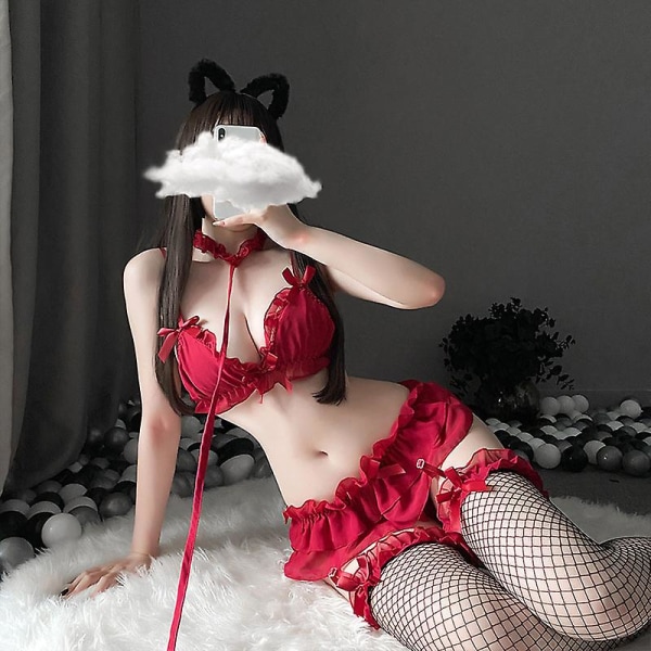 Sexiga damunderkläder Set Söta volanger Spets Kawaii Babydoll Soft Girl Svart Pyjamas Japansk Lolita Cosplay Kostymer Red no stocking