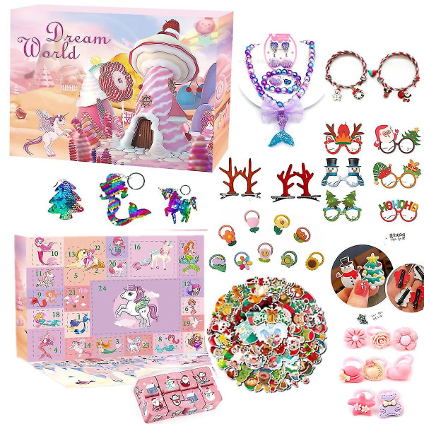 Nyt juleblindæskesæt gør-det-selv-legetøj 24 dages nedtællingsgaveæske Christmas Comes Unicorn taske, havfrue, halskæde smykker Mermaid 88pcs set
