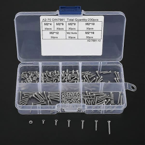 230 stk. M2 304 Rustfritt Stål Flat Head Bolt Skruer Muttere Sortimentsett med Boks