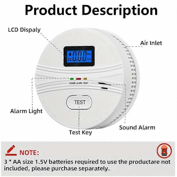 Nya modeller 2 st Rök- och Kolmonoxidlarm med LCD-display, Batteridrivna, Enkel användning, 10,7 cm Diameter Säkerhetslarm för Hem & Kontor