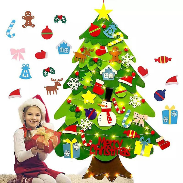 Gør-det-selv filt juletræ hængende aftagelig pynt hjemmedekoration med lyssnor Julegave til små småbørn