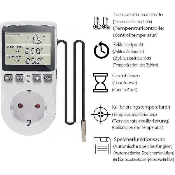 Ketotek 230 V Temperaturregulator Stikkontakt med Sensor, Digital Termostat Stikkontakt med Timer, Stikkontakt Termostat Timing Switch til Drivhuse, Akvarier, H