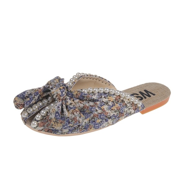 Kvinnor som bär tofflor för sommarutflykter 2023, nya i små blommiga sandaler med fluga och halva tofflor i canvas med platt botten 101-A2 38 One size smaller