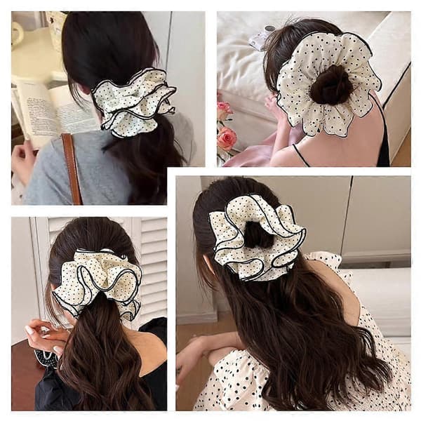 Koreansk Polka Dot Hårelastik - Tyktarms Scrunchie til Kvinder White