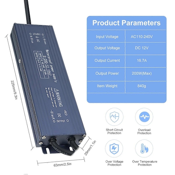 IP67 Vanntett LED Driver Switch Strømforsyning Transformator Adapter AC 180V-240V til DC 12V 200W Const
