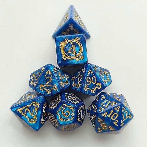 7 st DND-tärningar 7 st/set drakmönster polyedriska tärningar rollspel D&D TRPG brädspelstärningar som presentunderhållningstillbehör blå