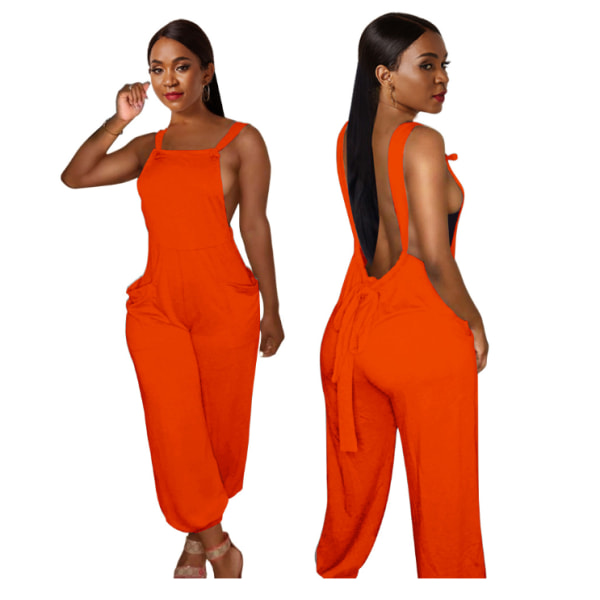 Ny sexig, enfärgad, rygglös hängslen jumpsuit för kvinnor orange M
