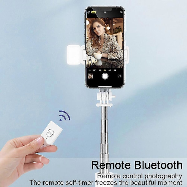 Selfie Stick Stativ med Lys - Aftagelig Bluetooth Fjernbetjening, Let og Bærbar, Hvid