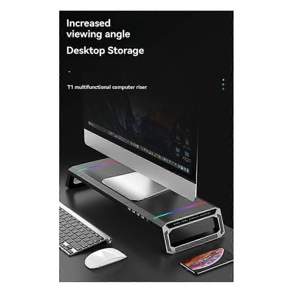 ICECOOREL 4USB Dataskjermstativ Skrivebordsorganisator Oppbevaring Svart