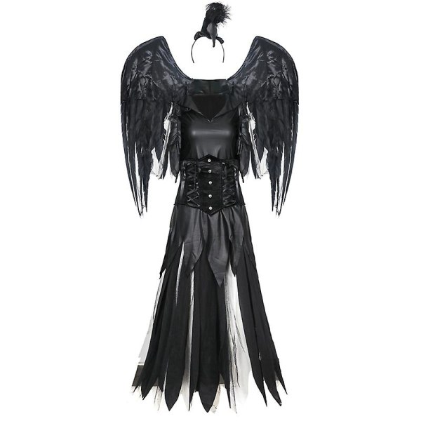 Multiple Carnival Halloween Lady Deluxe Dark Angel Costume Fallen Demon Feather Halo Wings Rollespill Cosplay Fancy festkjole Black 02 XL