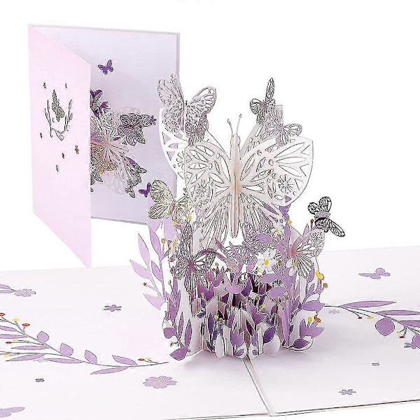 Lilla sommerfugl bursdags popup-kort, sommerfugl blomsterkurv 3d gratulasjonskort for kvinner jente datter