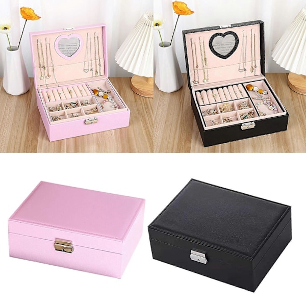 Elegant Smyckeskrin med Fack PU Läder Smyckesdisplay Mode Smyckesorganisatör Alla Hjärtans Dag Present Rosa