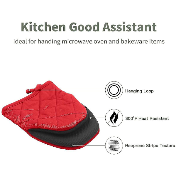 Neopren Mini Ugnsvantar, Värmebeständiga 300 F Handskar Grythållare för matlagning, bakning, halkfria greppytor och hängögla bomullsvantar-2-pack