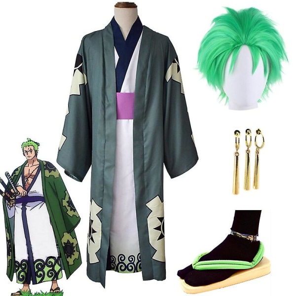 Anime Buccaneer Roronoa Zoro Cosplay Costume Halloween Funny Show Grønn parykk Gull øredobber Female XL