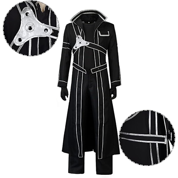 Miesten anime-anime Sao Kirito Cosplay-asu, musta takki, pitkä viitta? Täysi set Halloween-asu peruukilla naisille 3XL