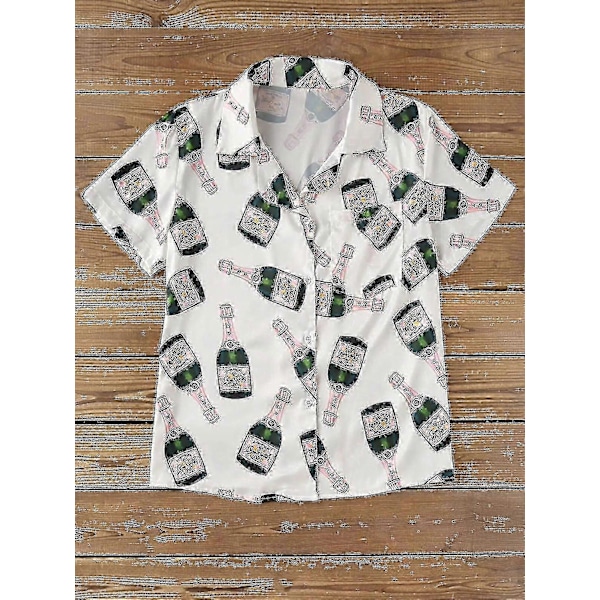 Champagneflaskor Pyjamas Set Dam Tryckt Kortärmad 2 Delar Mjuk Lös Casual Sovkläder