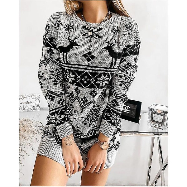 Uusi Naisten joulupusero Xmas Elk Knit Pullover Pusero Grey XL