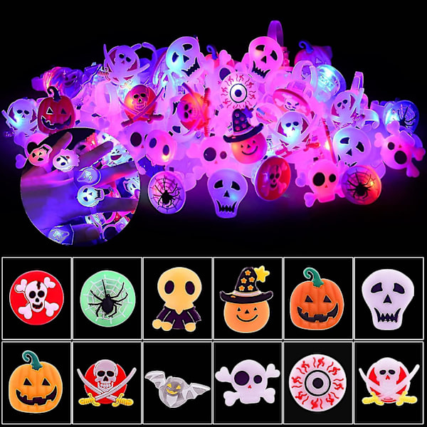 50 kpl Halloween Led Light Up -sormuksia lapsille, pimeässä hehkuvia juhlatarvikkeita Halloween Light Up -leluja herkkupussien täyteaineita