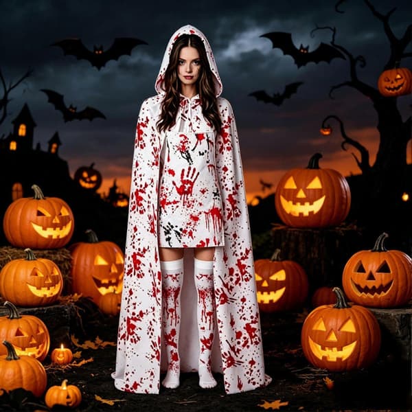 Halloween Blodprint Kostume til Kvinder, Skræmmende Forklæde, Hætteklædt Kappe, Strømper Outfits til Cosplayfester, Hjemsøgte Hus Begivenheder E