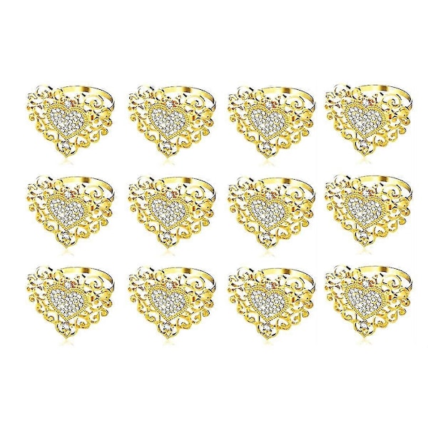12 stk. Servietringe Holder Hjerte Servietring Rhinestone Servietspænde til Valentinsdag Bryllup Feriefest Dekoration, Guld
