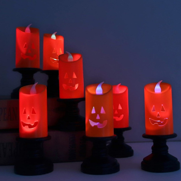 Led telys stearinlys,1 pakke halloween batteri telys gresskardrevne stearinlys,realistisk Lyse, flammeløse flimrende farger Skiftende lys,elektrisk
