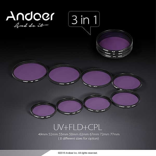 Andoer 49mm Filter Kit (UV+CPL+FLD) + Nylonväska + Objektivlock + Objektivlockhållare + Motljusskydd + L