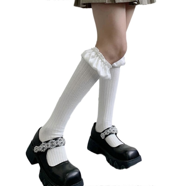 Dame Lolita Bomulds Knæhøje Strømper Søde Plisserede Satin Boble Top Rib Stømper