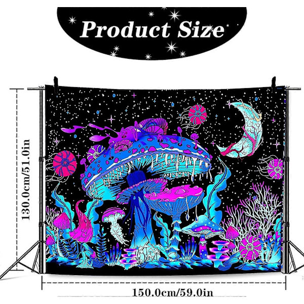 Mushroom Tapestry, 150130CM Black Light Tapestry, Veggteppe Psykedelisk Tapestry, UV Tapestry