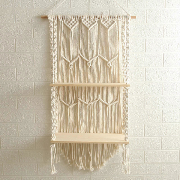 Makrame Væghængt Hylde Boho Træ Flydende Hylder Makrame Tapestry Rack