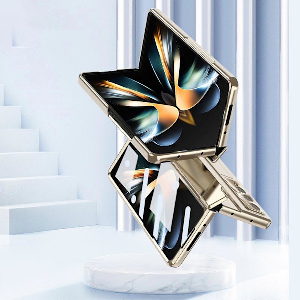 för Samsung Galaxy Z Fold 5 Skyddande med gångjärnsskydd, Inbyggt skärmskydd Ställ Plätering PC Allomfattande Skal för Z Fold 5 (2023)