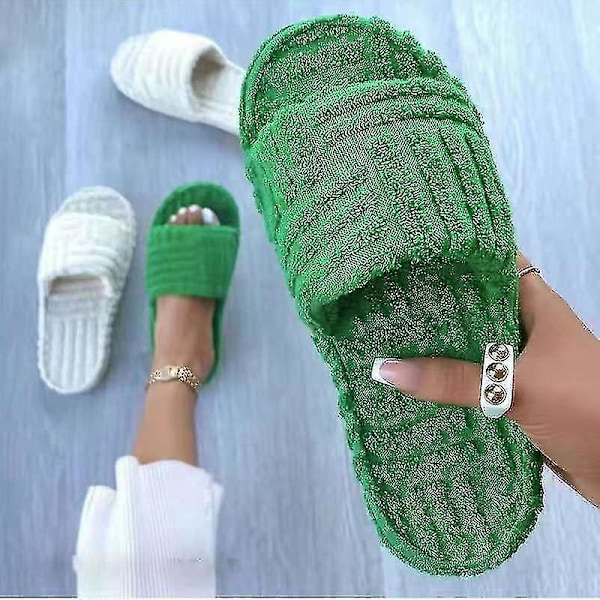 Terry Toweling Slider Slider Tofflor För Kvinnor Flickor Slip-on plysch Skor Hushåll Vinter Supply Green 41