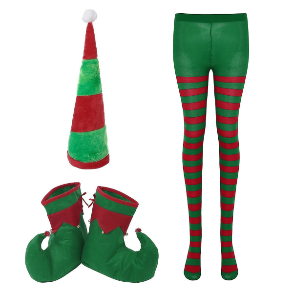 Jultomtehatt Tomtetomteskor och julrandiga strumpbyxor för vuxna julfest Kostymtights Strumpbyxor /hatt/skor Type A Red Green